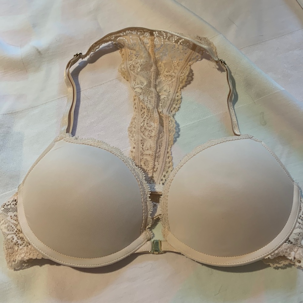 Lace tback front closure push-up bra.